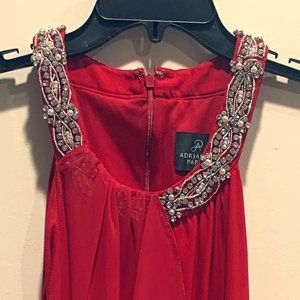 Adrianna Papell Dress Cocktail Red with Jewel Neck